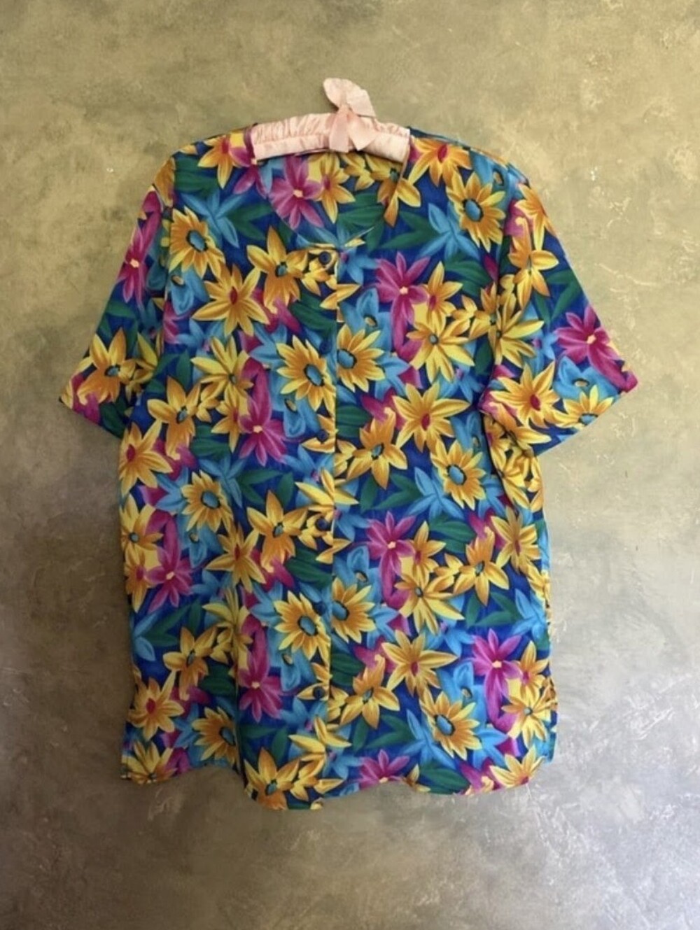 Vintage 90s Bright Floral Longline Button Down Blouse Pink Yellow Blue L XL